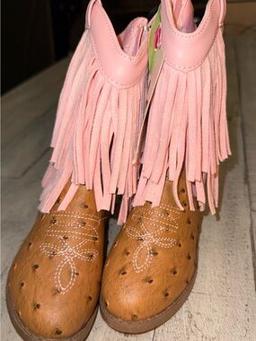 PAWZ Pink Fringe Tan Kids Cowboy Boots